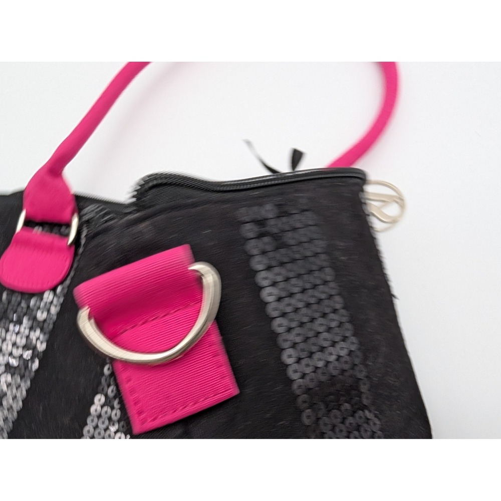 Victoria's Secret Black Pink Sequin Stripe Canvas Tote Bag Large Zip Top Charm - Picture 10 of 10